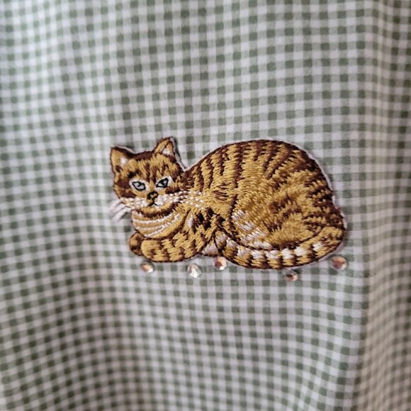 Las Olas Green Checkered Long Sleeve Cat Embroidered Shirt XL - Picture 6 of 10